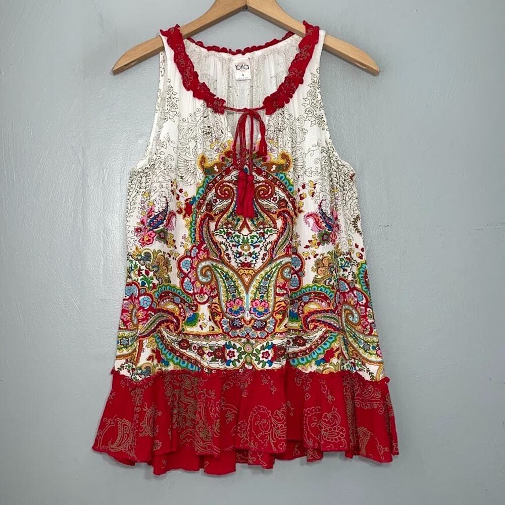 Bila Tank Top Size Small Crinkle Gauze Ruffled Sleeveless Boho Hippie Tassel Tie